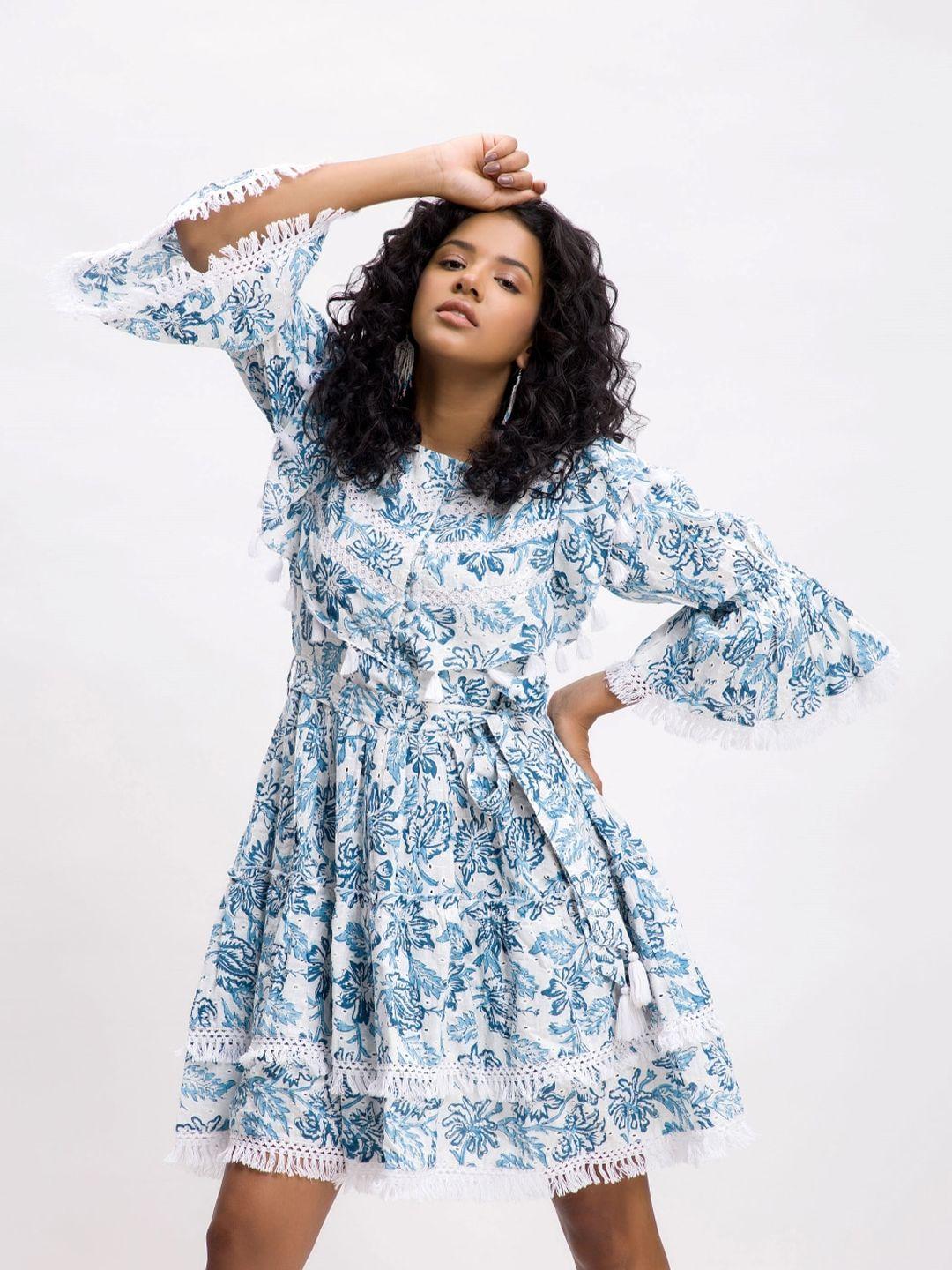 dee monash floral print bell sleeve fit & flare fringed cotton dress