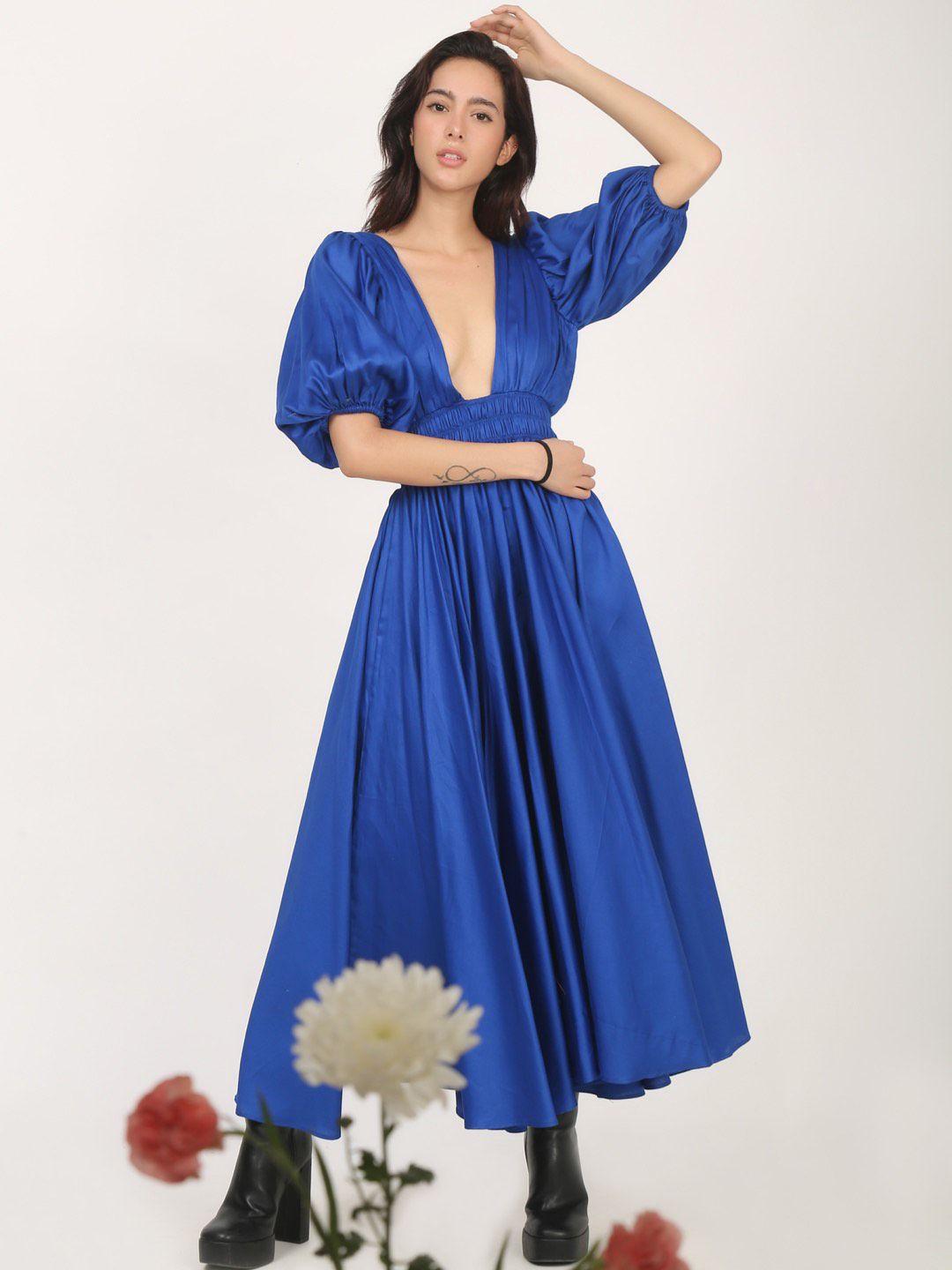 dee monash plunge neck puff sleeves accordion pleats maxi dress