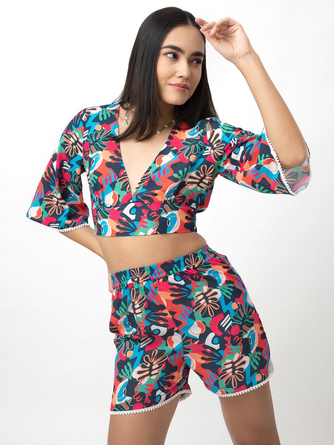 dee monash printed v-neck top with flared shorts co-ords