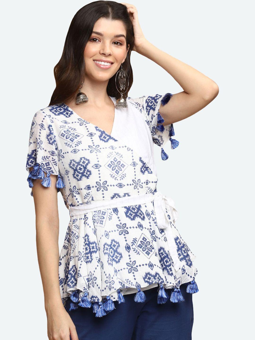 deebaco blue & white pure cotton ethnic motif printed wrap top