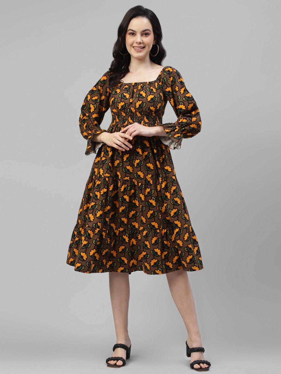 deebaco floral print cotton square neck bell sleeve fit & flare dress