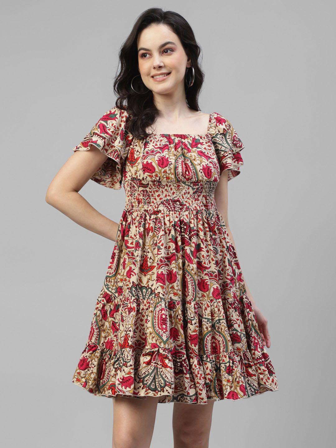 deebaco floral print square neck flared sleeves fit & flare tiered dress
