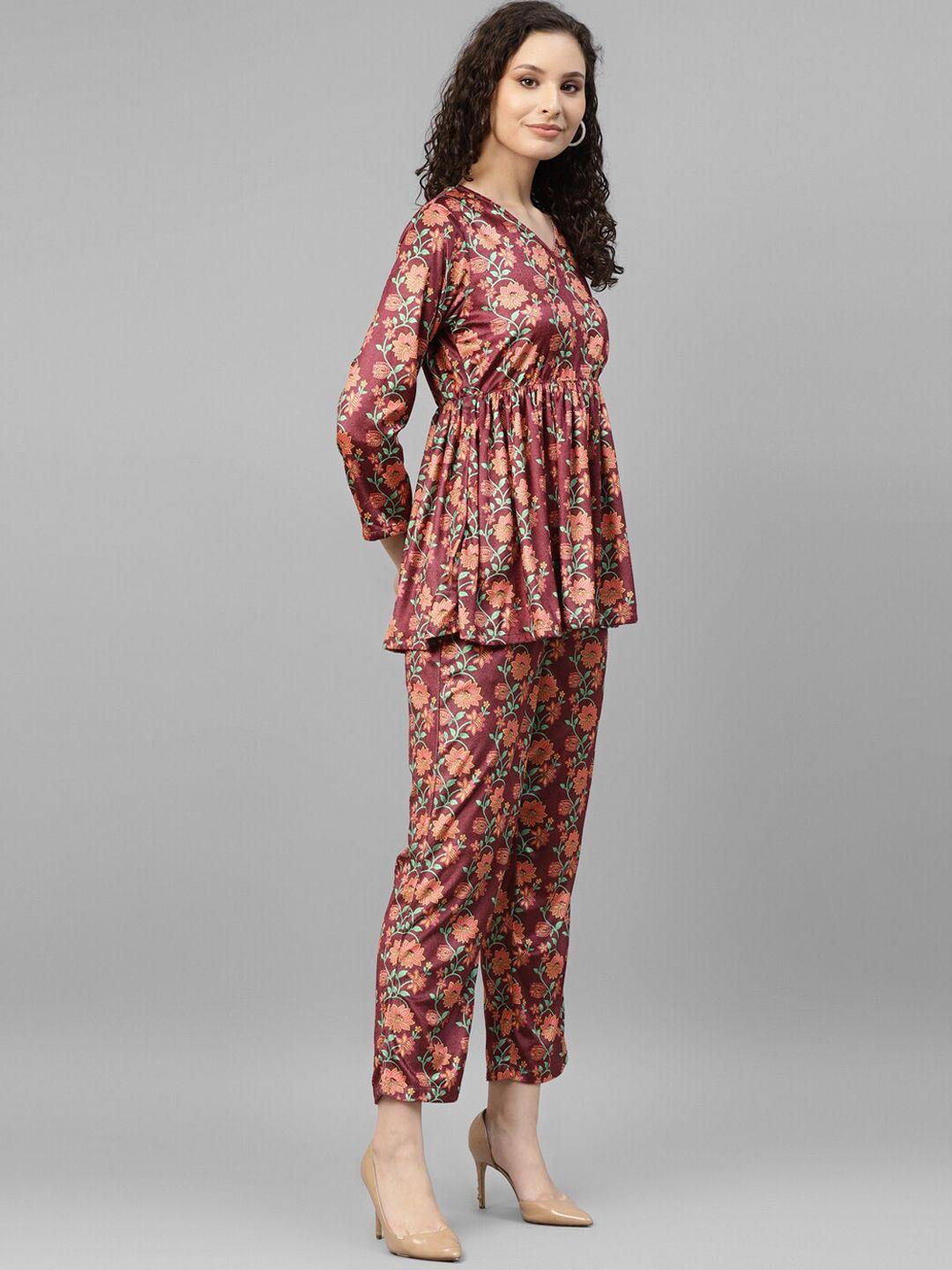 deebaco floral printed v-neck tunic & trousers