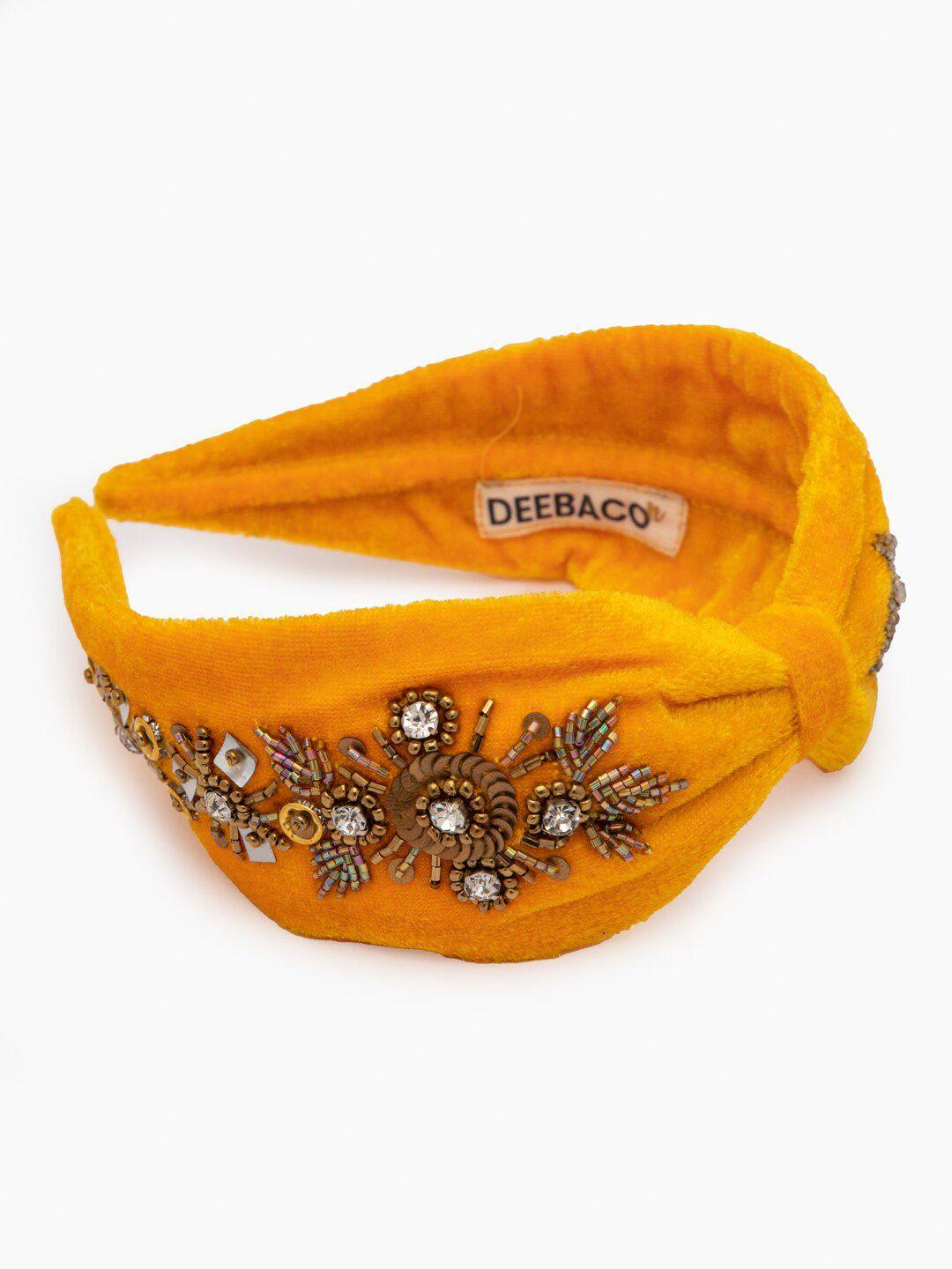 deebaco girls yellow & gold-toned embellished velvet hairband