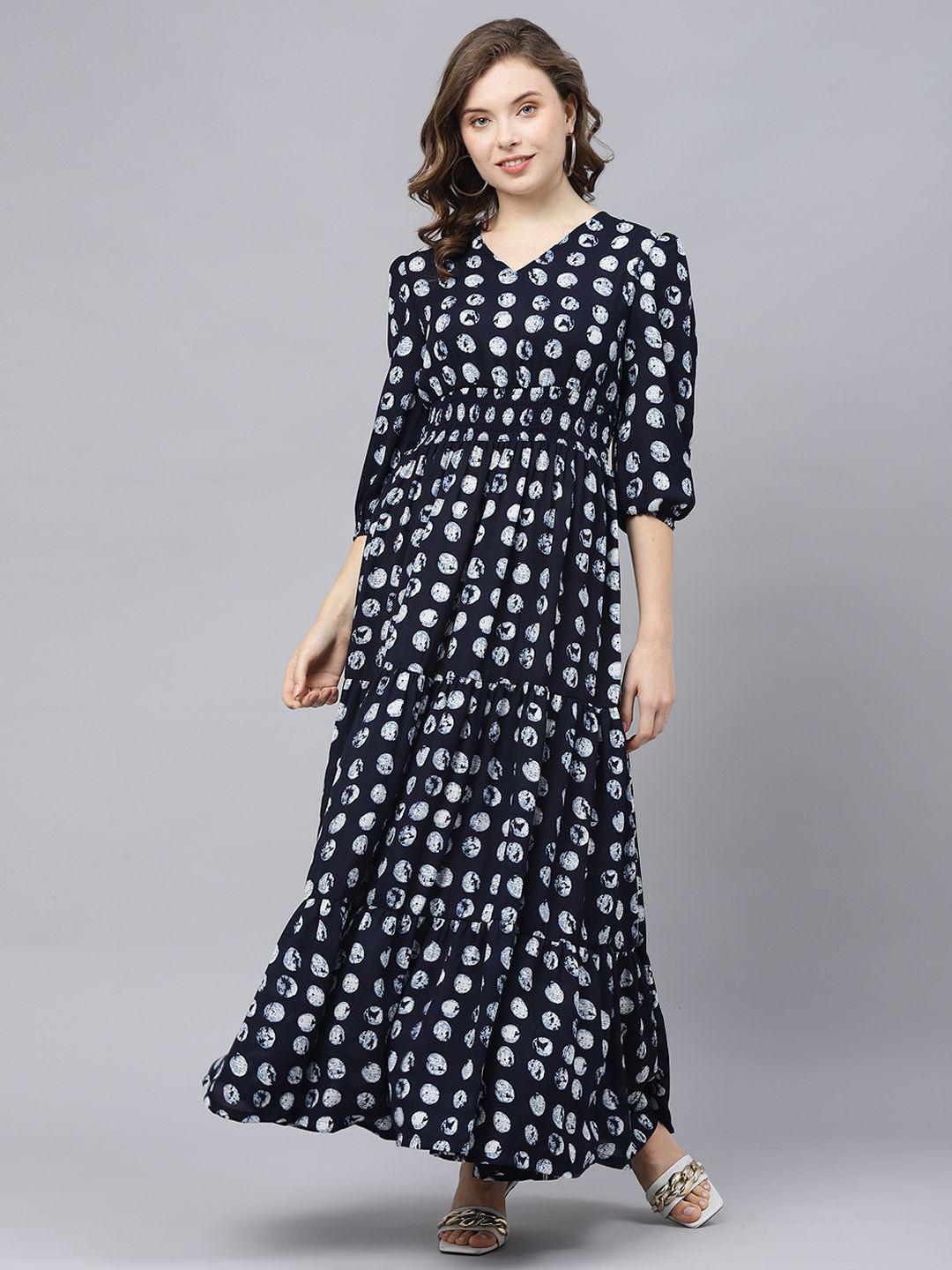 deebaco polka dots print v-neck puff sleeves tiered maxi dress