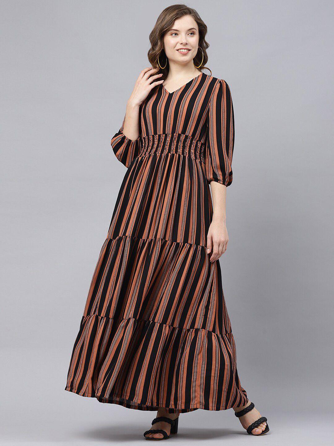 deebaco-striped-v-neck-puff-sleeves-gathered-detailed-maxi-dress