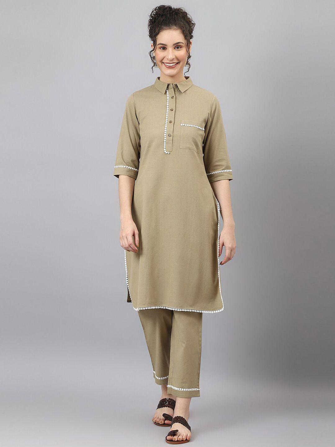 deebaco women khaki pure cotton kurta with trousers