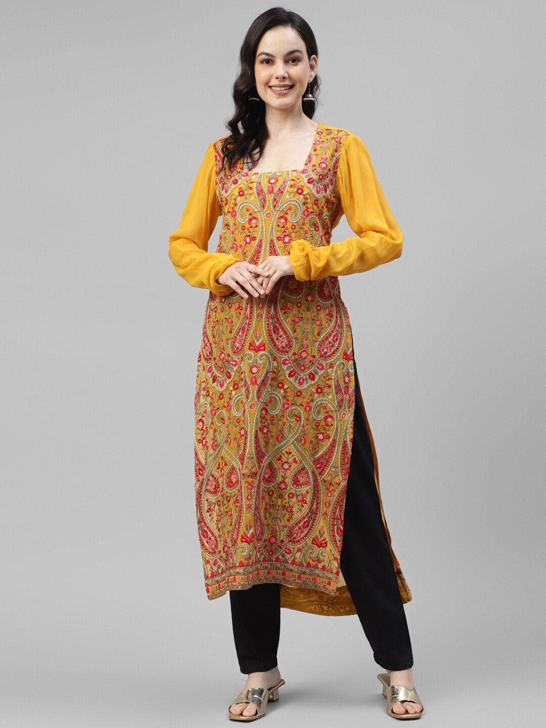 deebaco women mustard yellow ethnic motifs printed flared sleeves georgette kurta