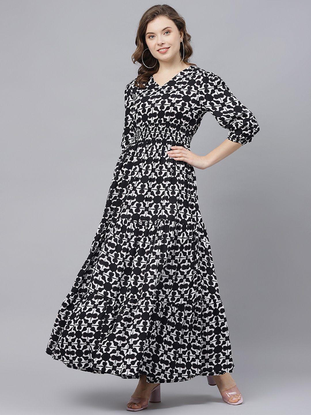 deebaco abstract print v-neck puff sleeve smocked tiered maxi dress