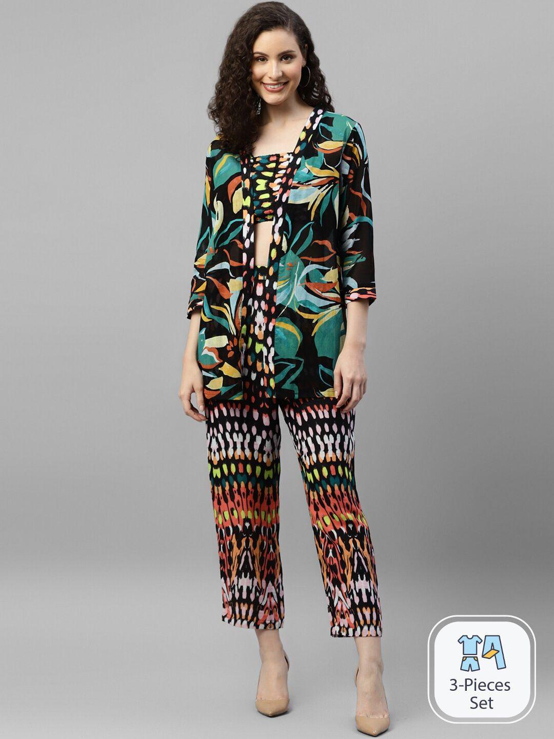 deebaco abstract printed shoulder straps top & trousers with coat