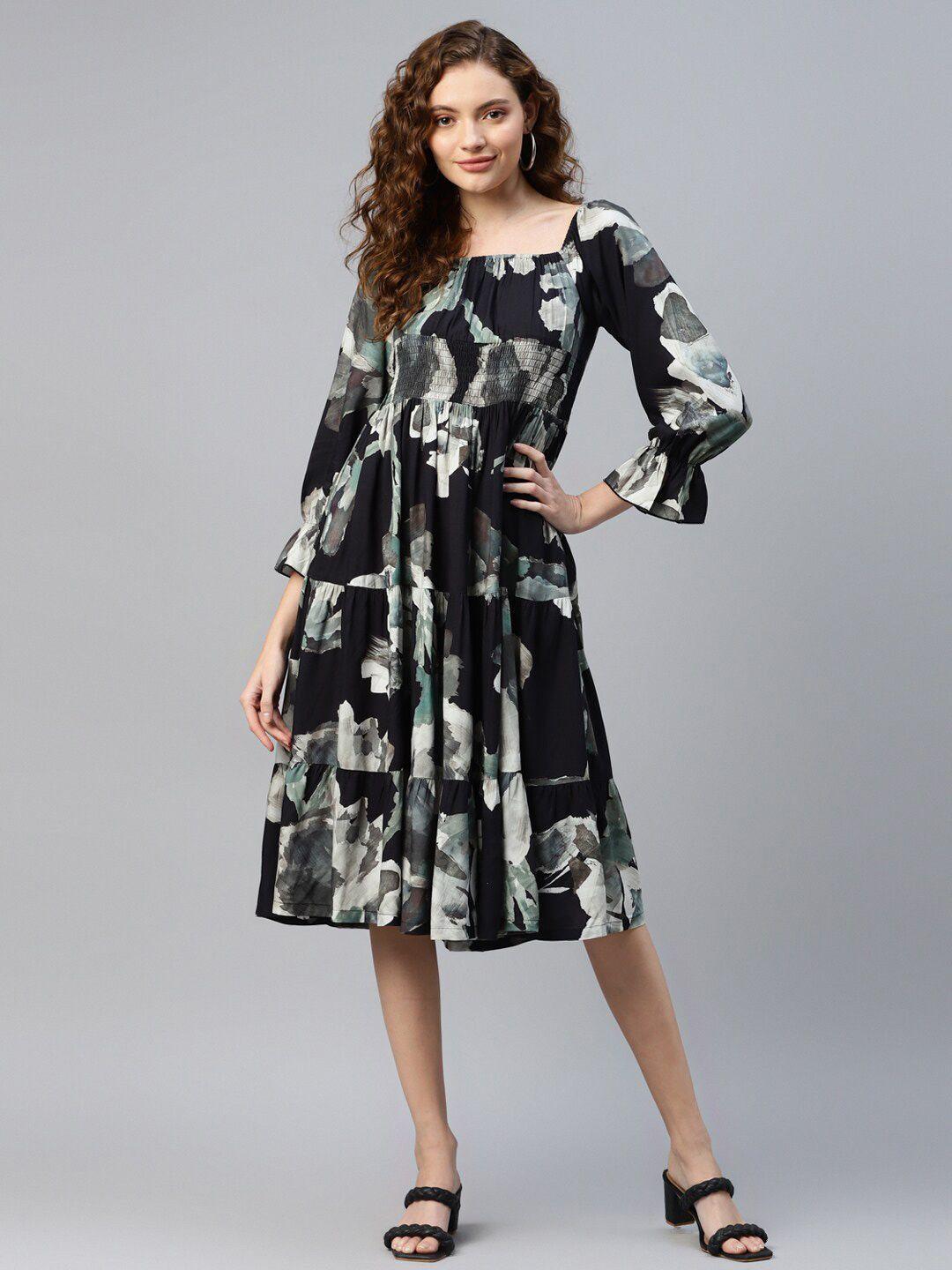 deebaco abstract printed square neck puff sleeve fit & flare midi dress