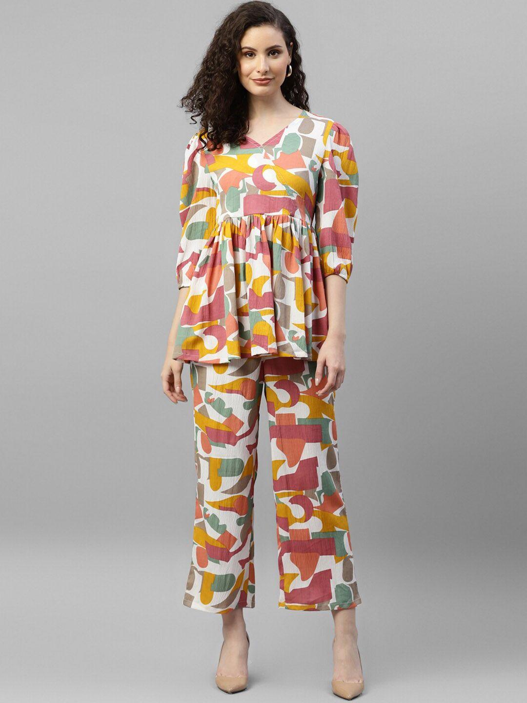 deebaco abstract printed v-neck puff sleeves top with trousers
