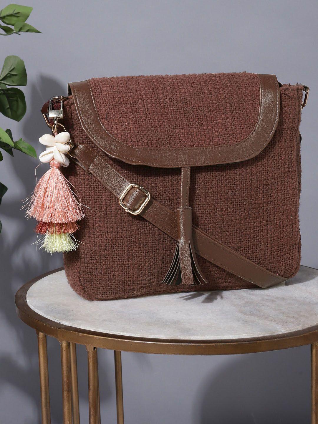 deebaco brown structured sling bag with fringed