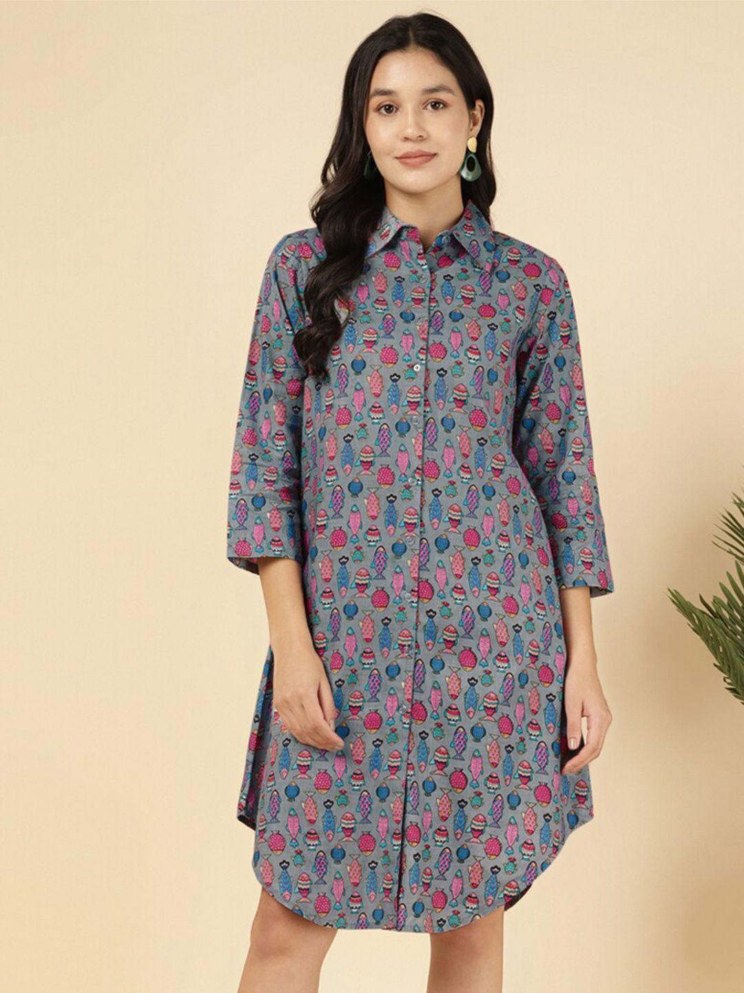 deebaco conversational printed cotton shirt dress