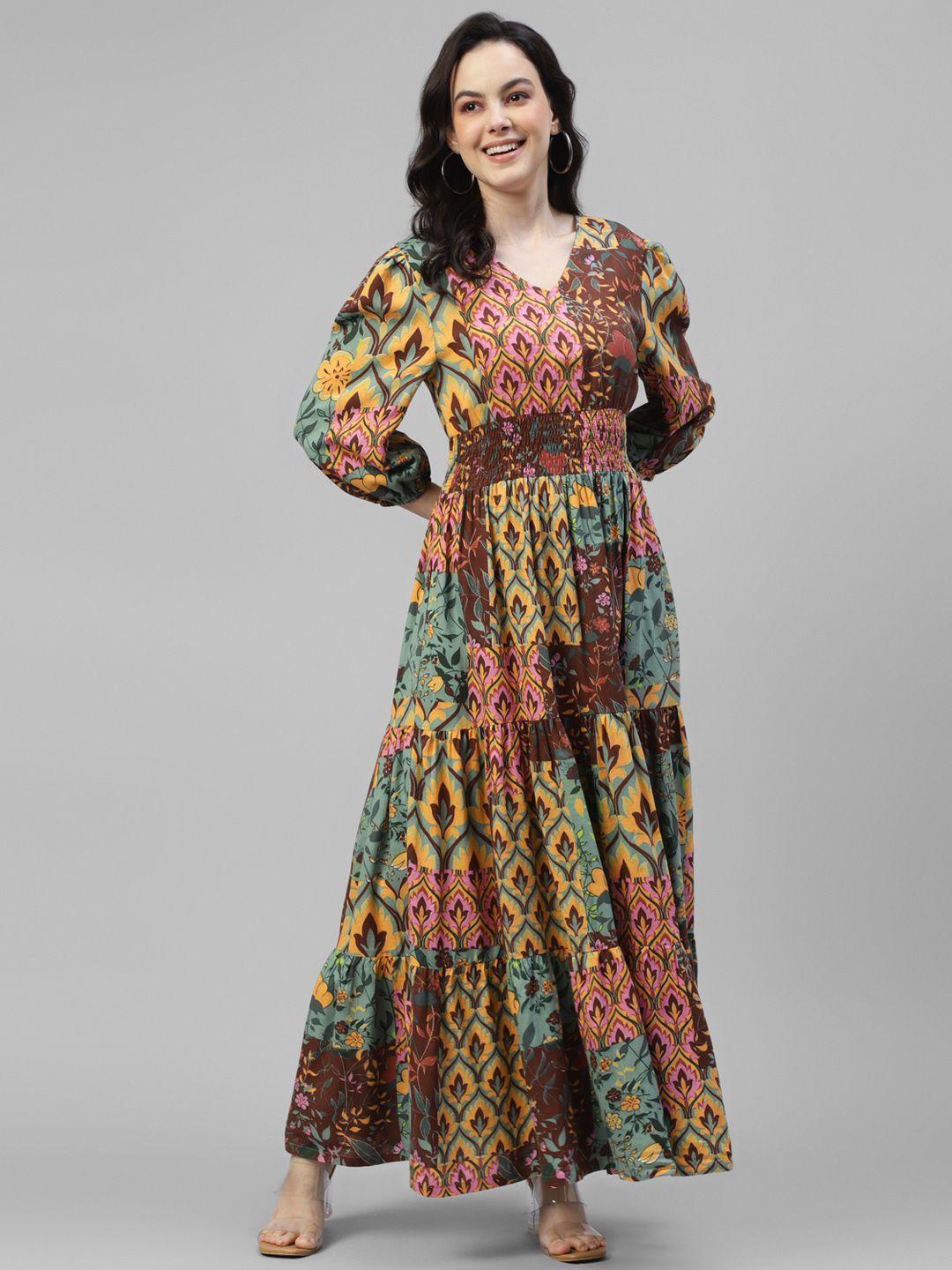 deebaco ethnic motifs print v-neck smocked tiered maxi dress