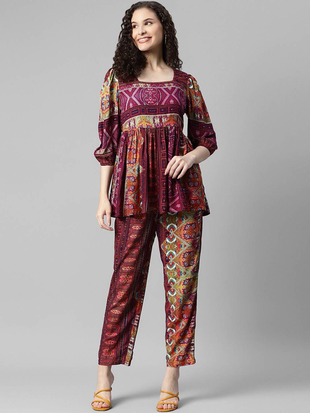 deebaco ethnic motifs printed square neck gathered top with trouser