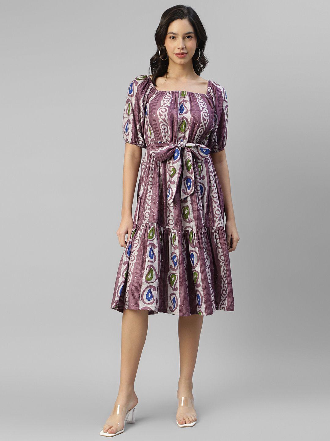 deebaco ethnic motifs printed square neck puff sleeve fit & flare midi dress