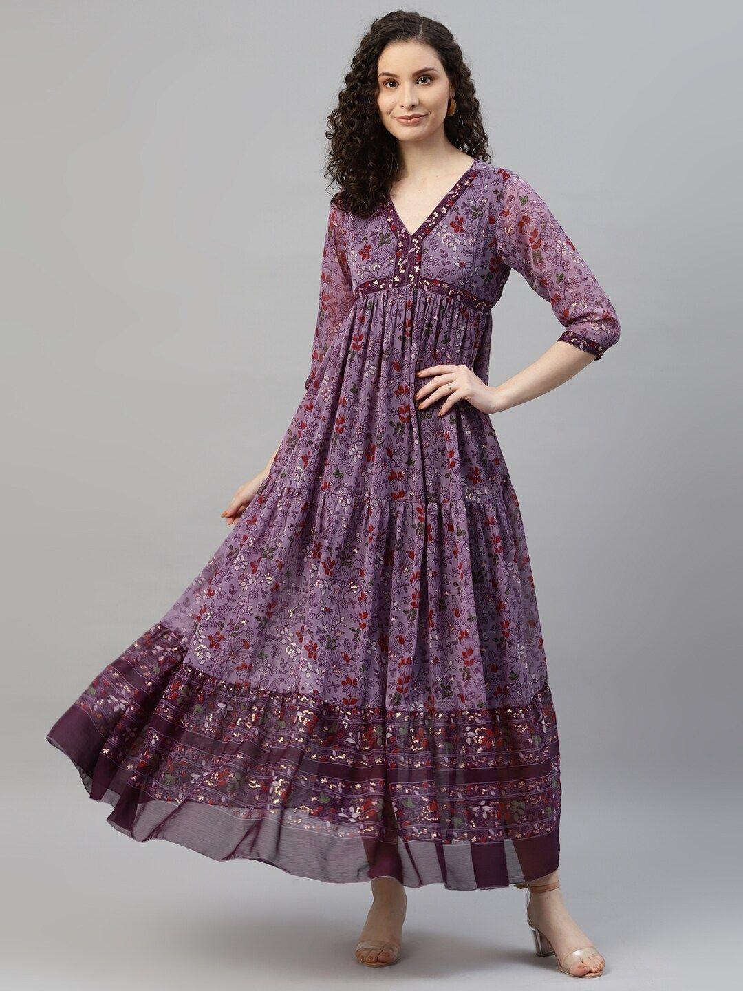 deebaco ethnic motifs printed tiered chiffon empire dress