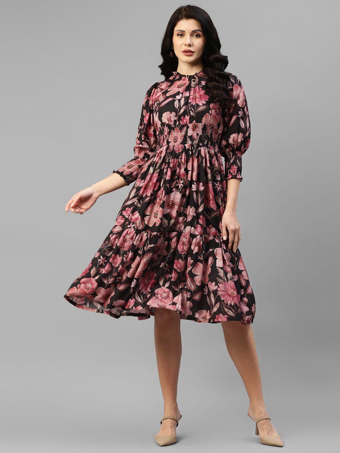 deebaco floral print tie-up neck bell sleeve a-line dress