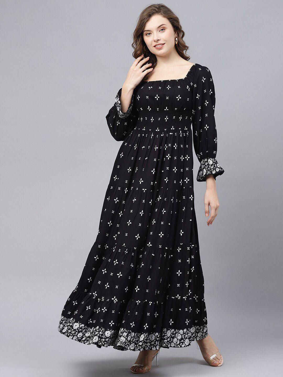 deebaco floral printed bell sleeves square neck smocked maxi tiered fit & flare dress
