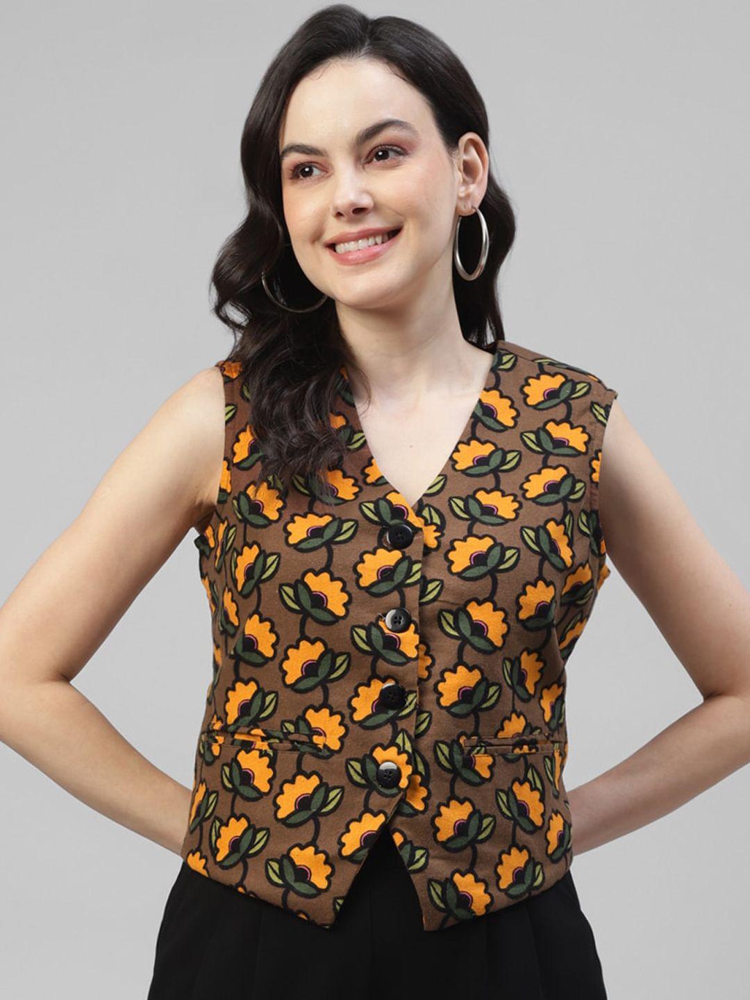 deebaco floral printed cotton waistcoat with pockets