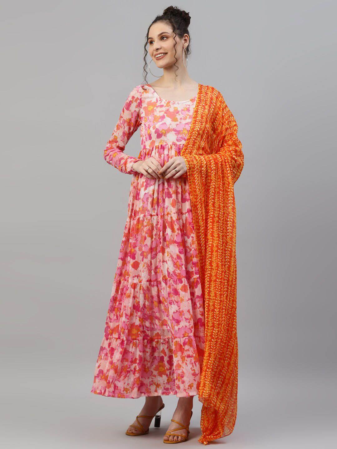deebaco floral printed long sleeves chiffon tiered maxi dress with dupatta