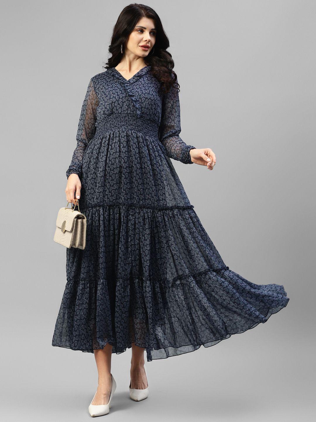 deebaco floral printed puff sleeve tiered chiffon fit and flare midi dress