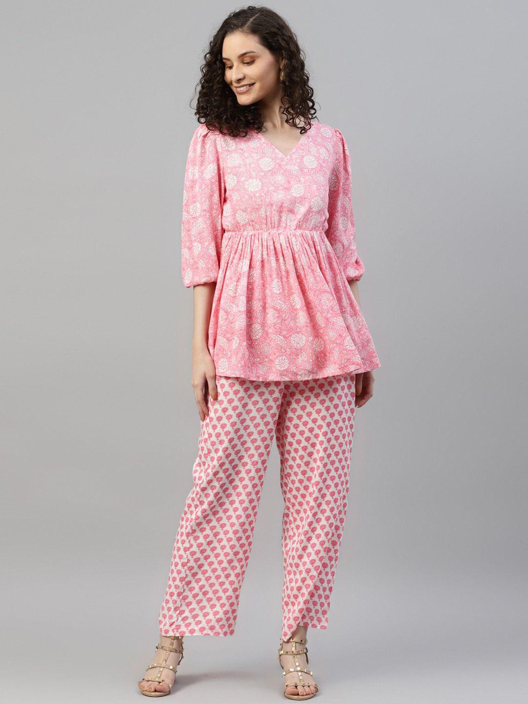 deebaco floral printed pure cotton tunic & trouser