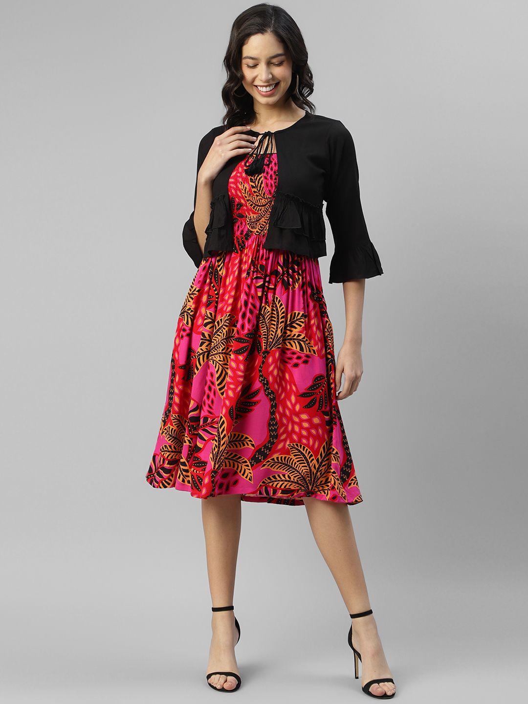 deebaco floral printed round neck smocked fit & flare dress with shrug