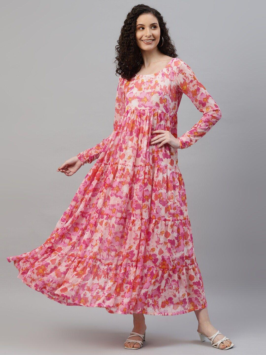 deebaco floral printed round neck tiered georgette maxi dress
