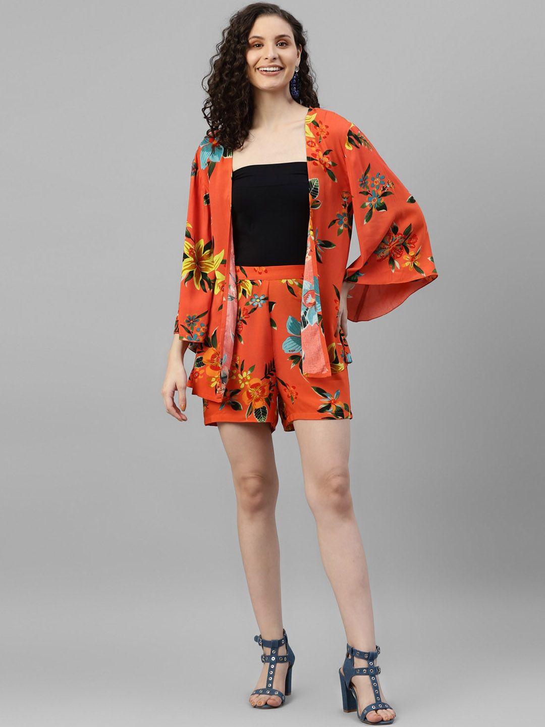 deebaco floral printed shrug & shorts co-ords set