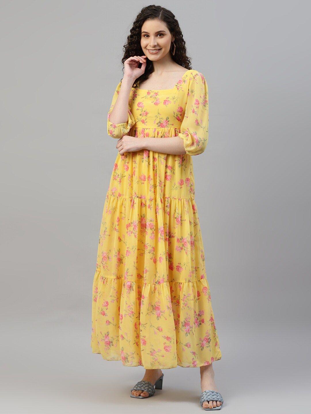 deebaco floral printed square neck puff sleeves tiered detailed fit & flare maxi dress