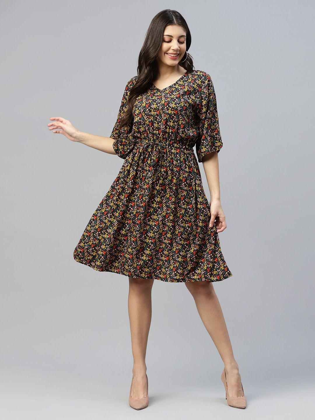 deebaco floral printed v-neck flared sleeves tie up fit & flare dress