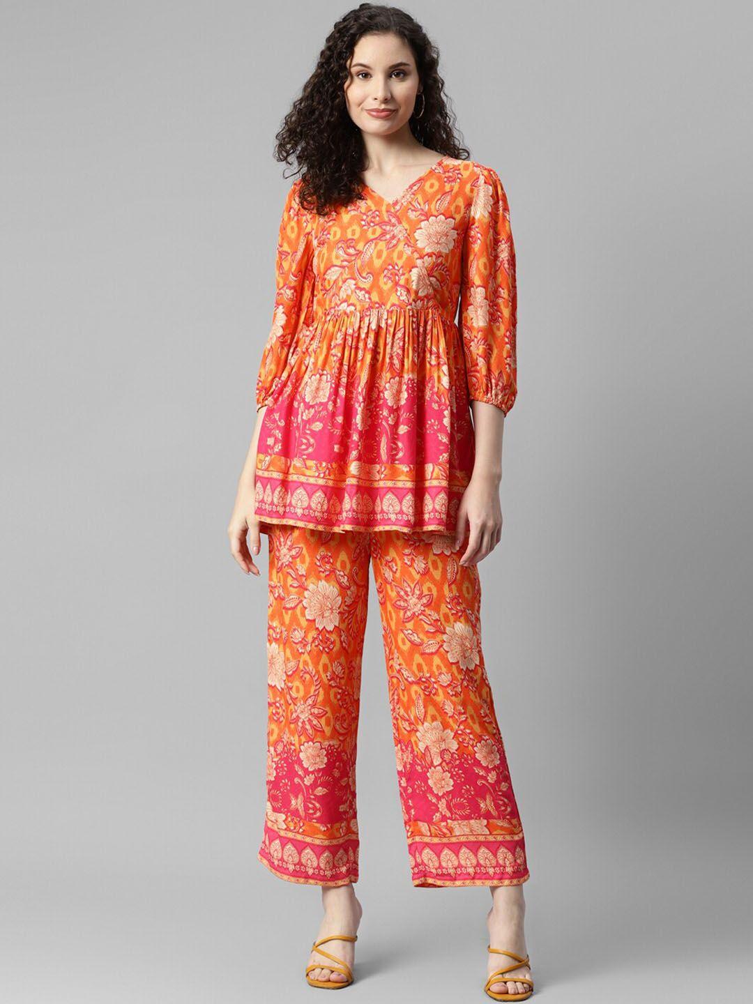 deebaco floral printed v-neck top & trousers