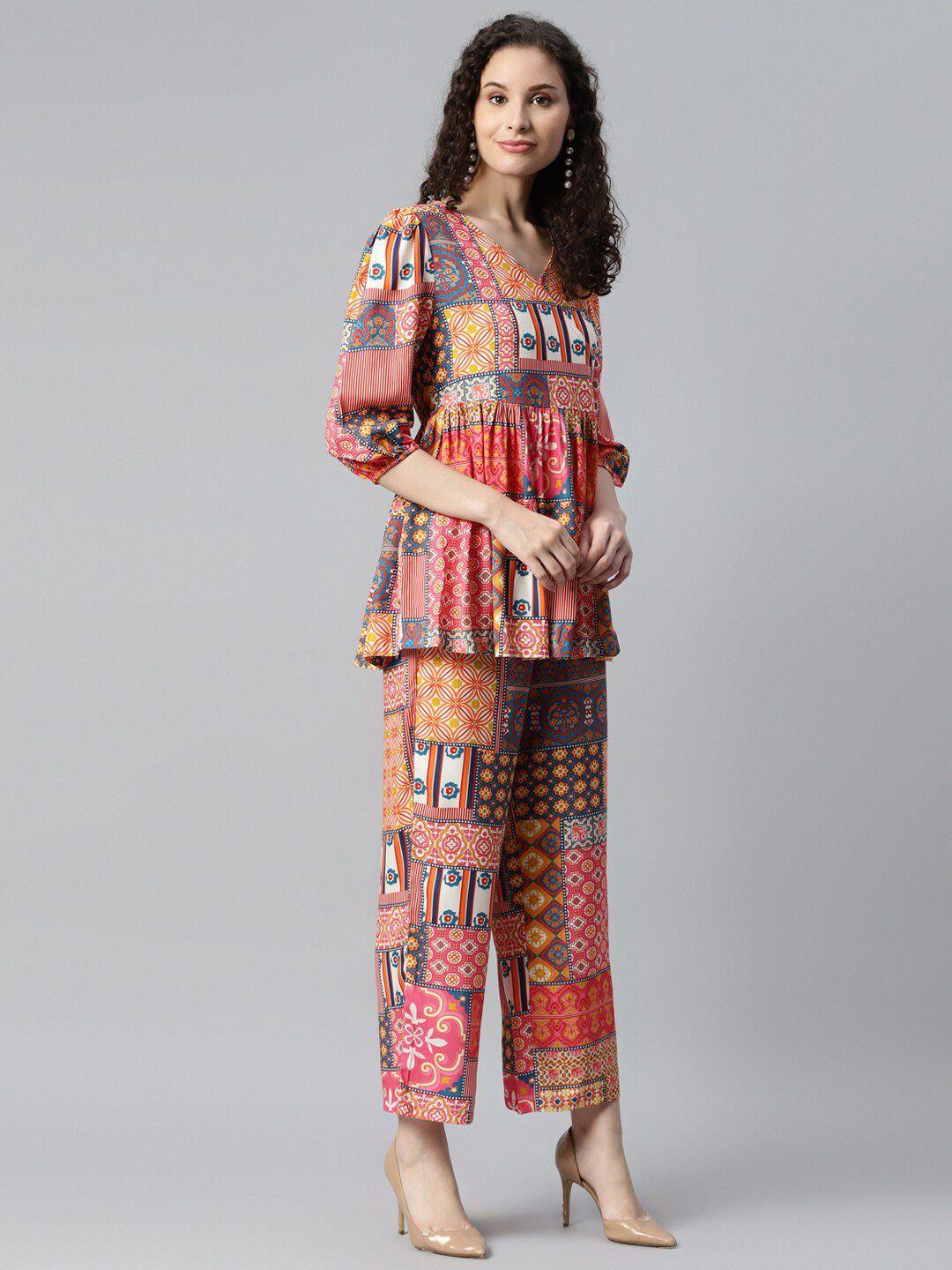 deebaco geometric printed v-neck top with trouser