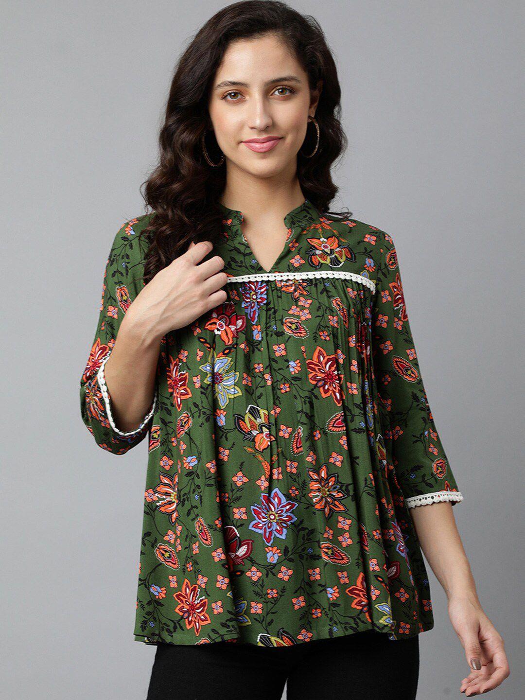 deebaco green floral print mandarin collar top