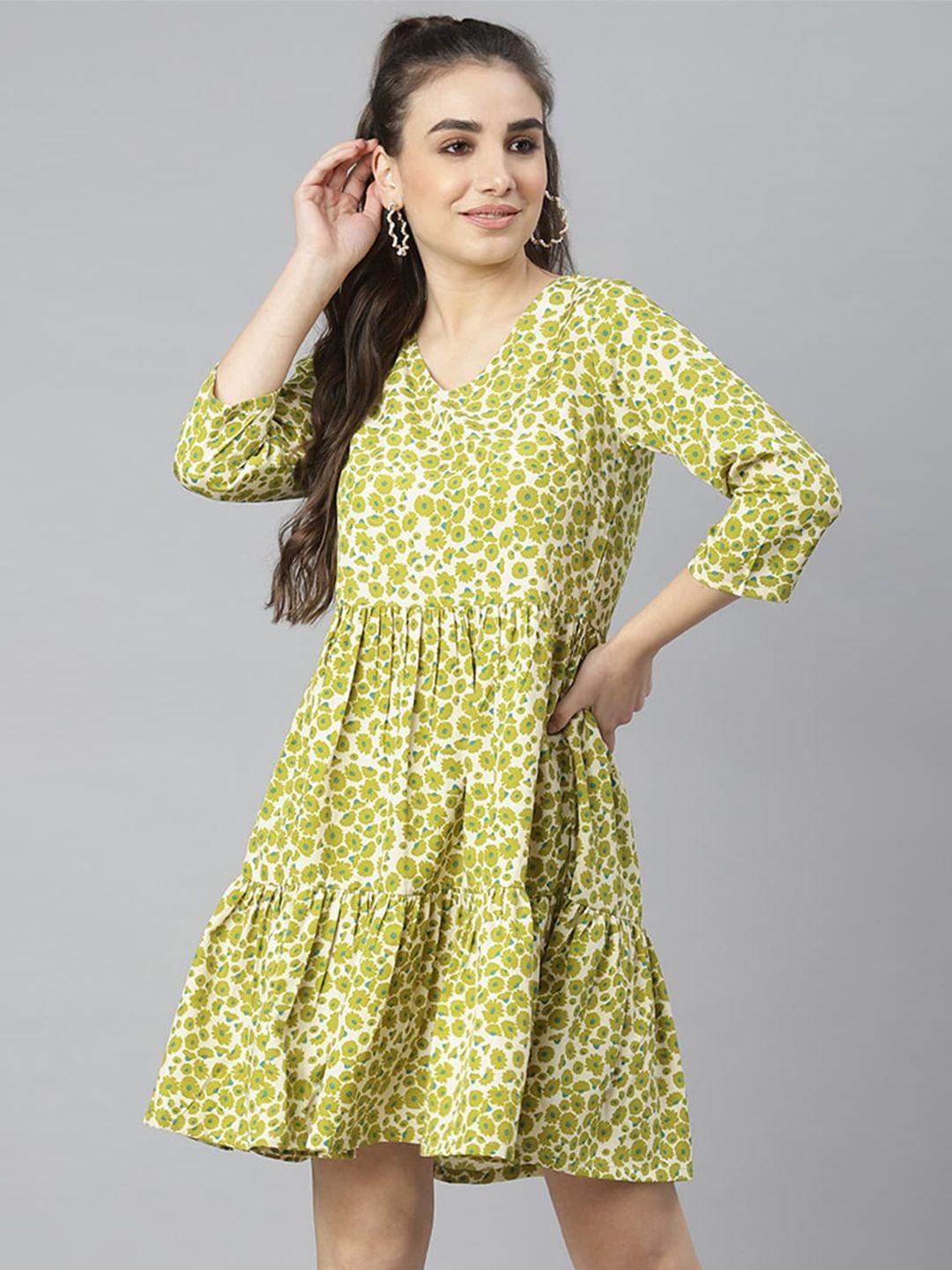 deebaco lime green & white floral tiered a-line dress