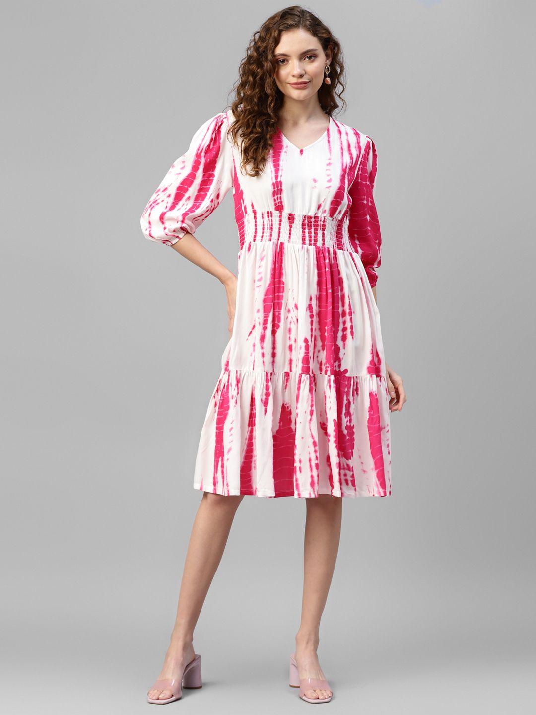 deebaco magenta tie and dye print puff sleeve a-line dress