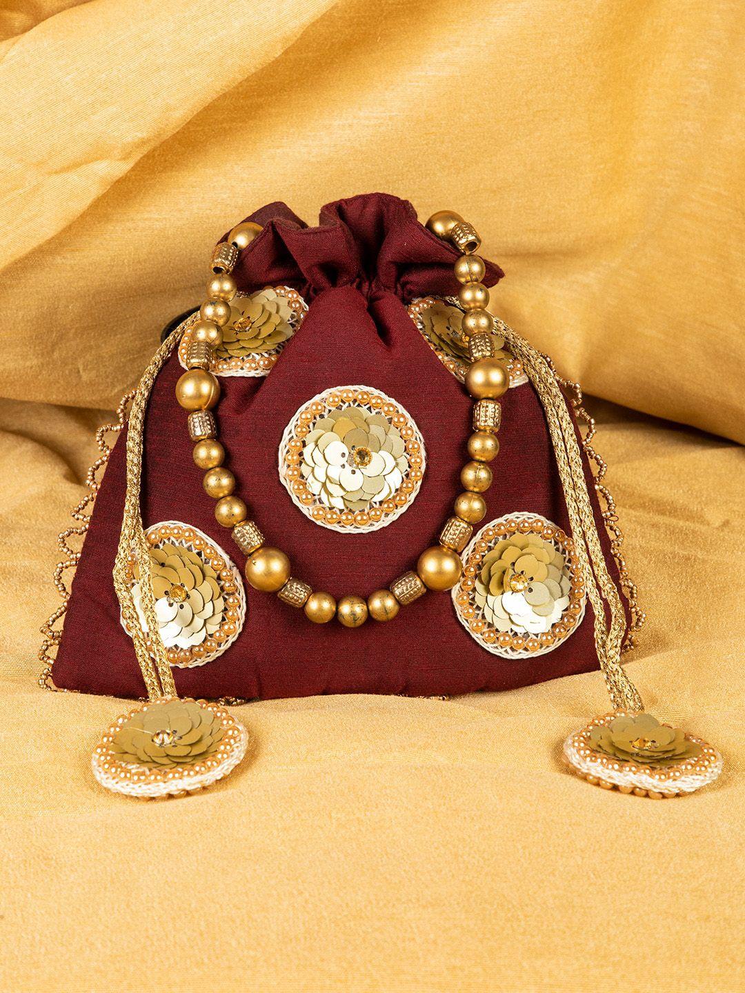 deebaco maroon & gold-toned embellished royal mahogany potli bag