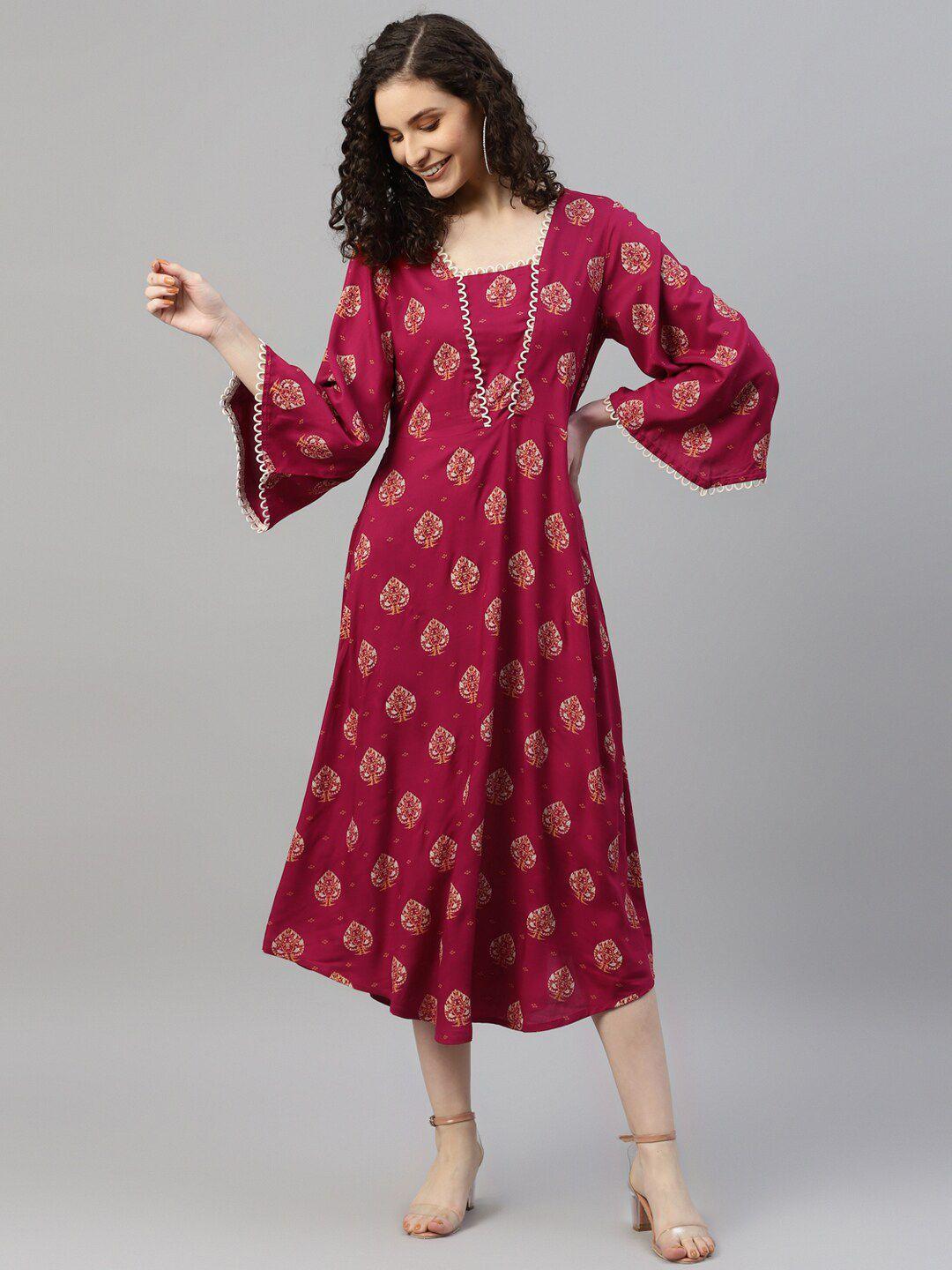 deebaco maroon ethnic motifs print bell sleeve a-line midi dress