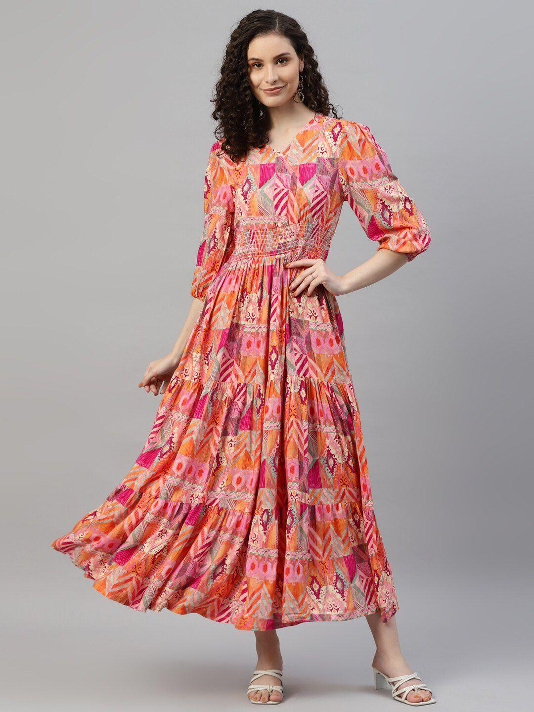 deebaco multicoloured ethnic motifs print bell sleeve maxi dress