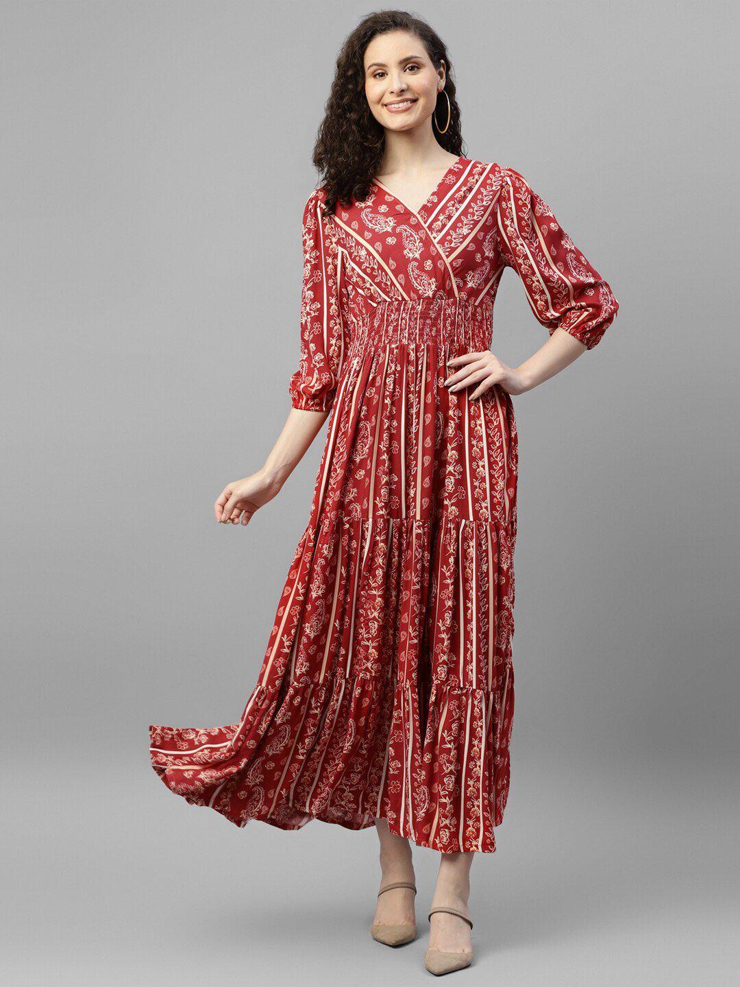 deebaco multicoloured ethnic motifs print puff sleeve fit & flare maxi dress