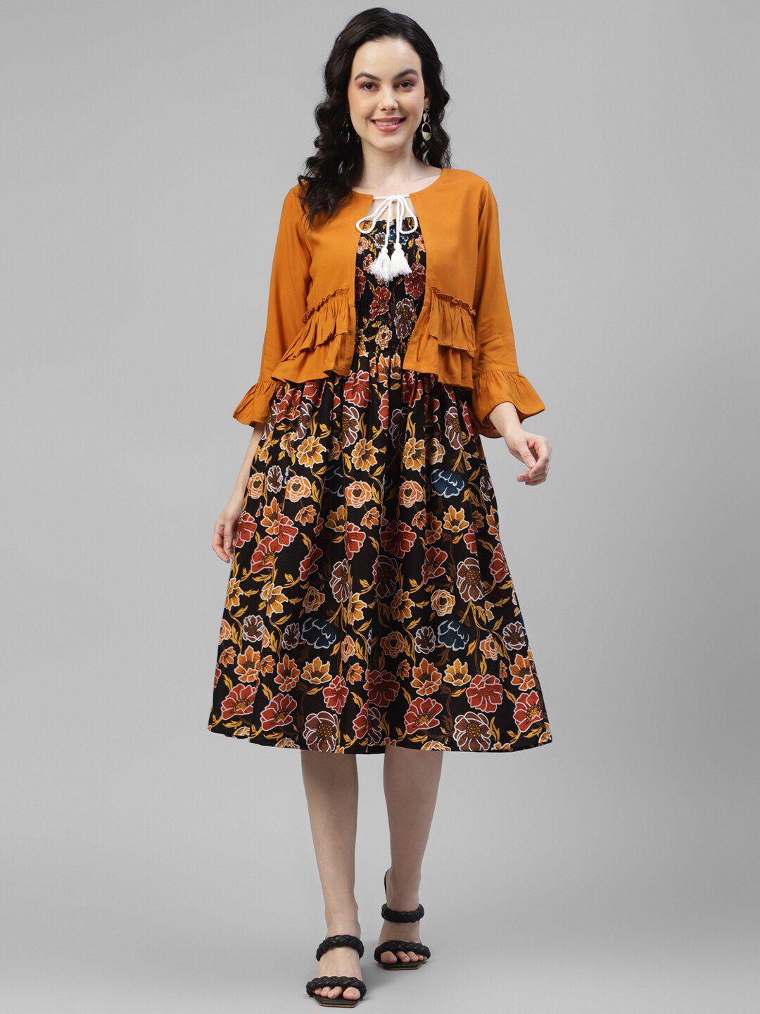 deebaco multicoloured floral print tie-up neck bell sleeve fit & flare midi dress