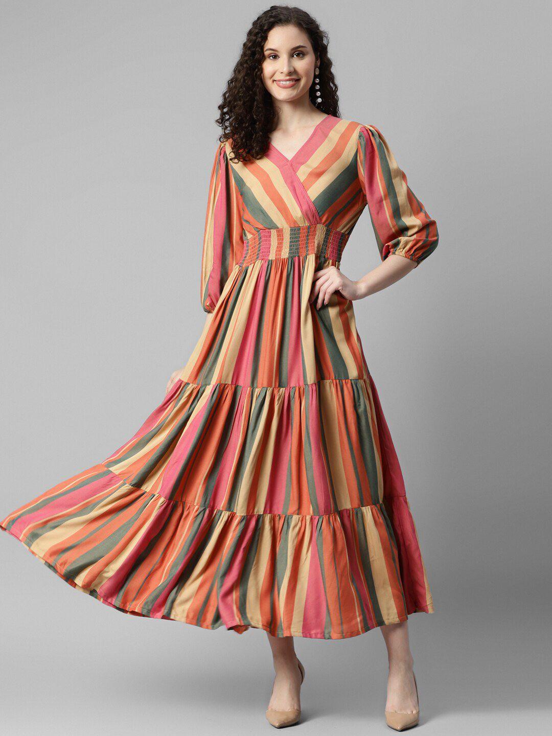 deebaco multicoloured striped puff sleeve fit & flare maxi dress