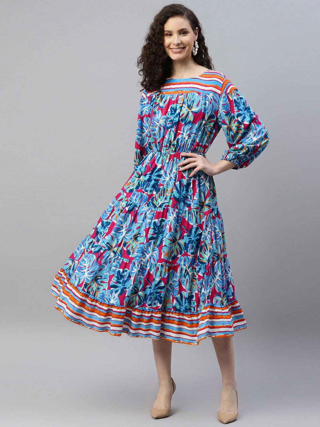 deebaco multicoloured tropical print puff sleeve fit & flare midi dress