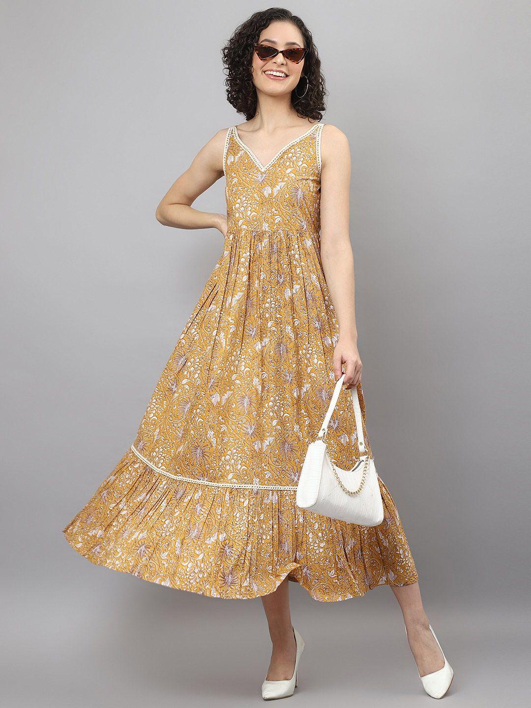 deebaco mustard yellow & white ethnic printed fit & flare cotton dress