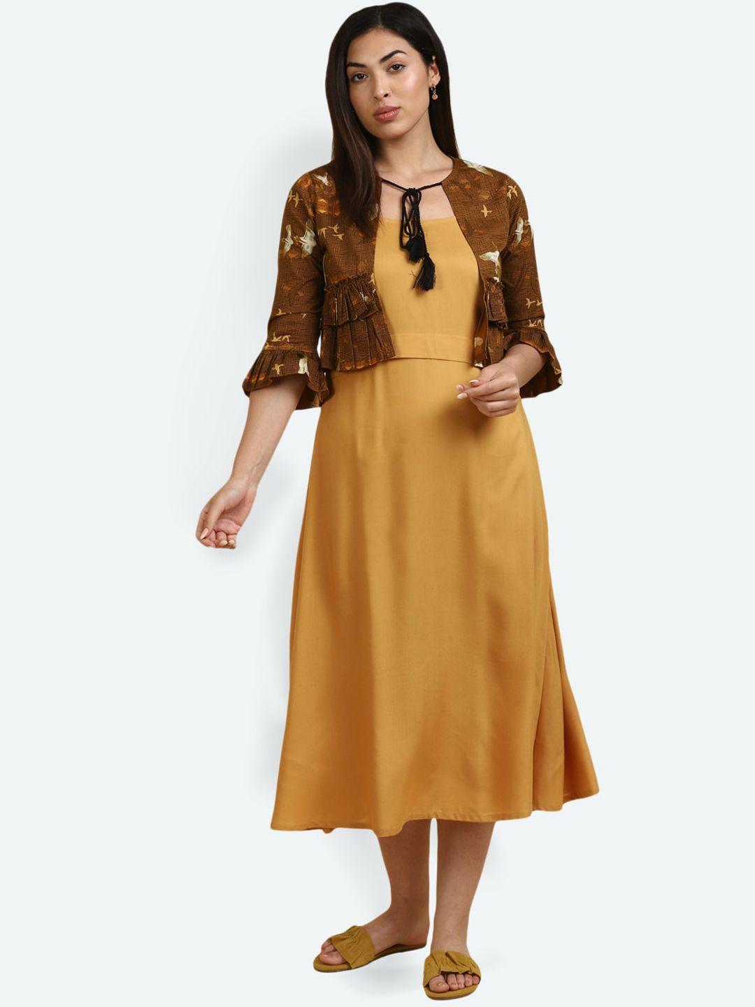 deebaco mustard yellow a-line midi dress with shrug