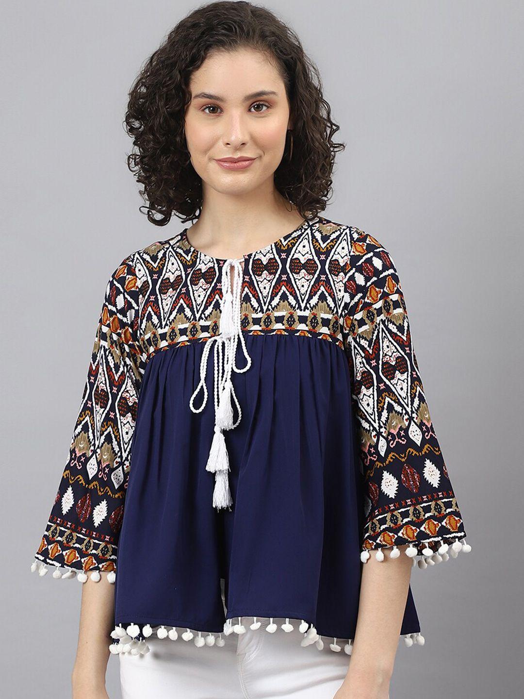 deebaco navy blue & white print tie-up neck top