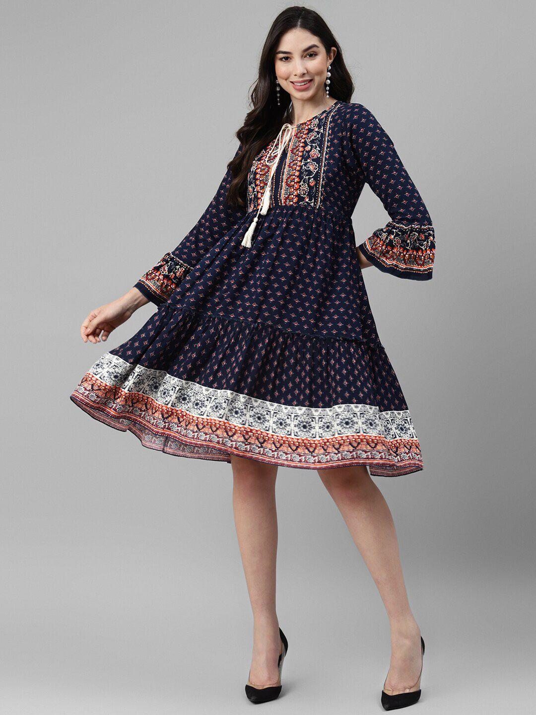 deebaco navy blue ethnic motifs print tie-up neck bell sleeve a-line dress