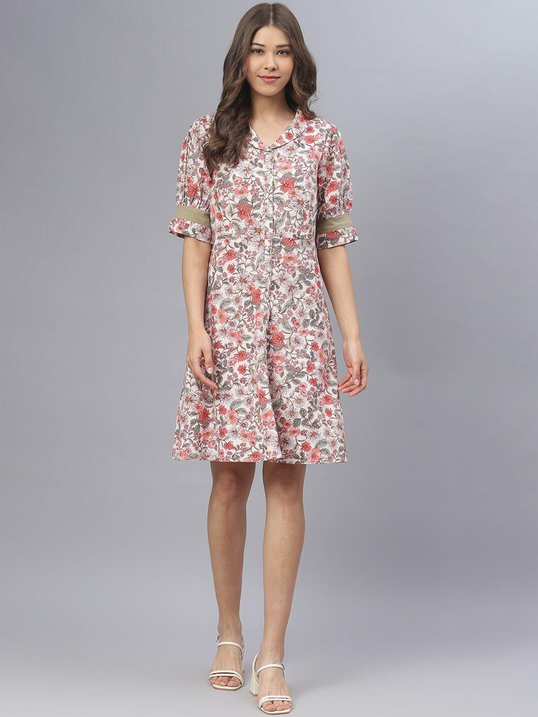 deebaco off white & pink floral printed cotton shirt dress